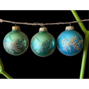 Vintage Christmas Ornaments Blue & Mint 2 in West Germany White Flowers Set of 3
